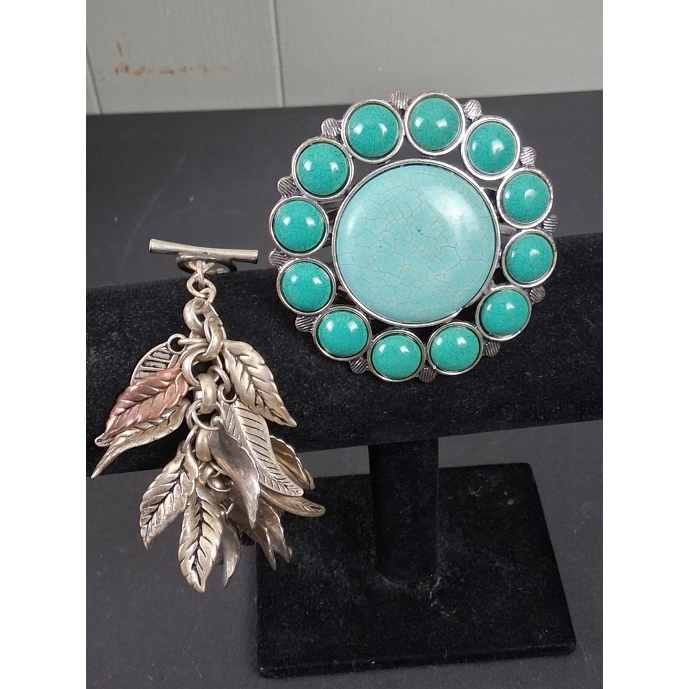 Boho Hippie Bracelet Set of 2 Faux Turquoise Hinge Silver Tone Leaves Vintage
